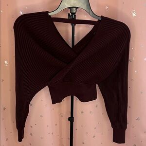 Windsor Deep Burgundy Ribbed Knit Crossed Sweater